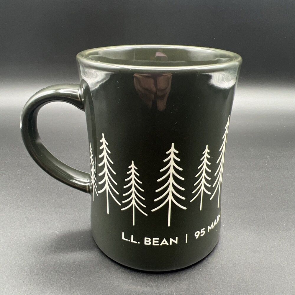 LL Bean Freeport, Maine Coffee Mug Dark Deep Forest Green Pine Trees Heavy Style